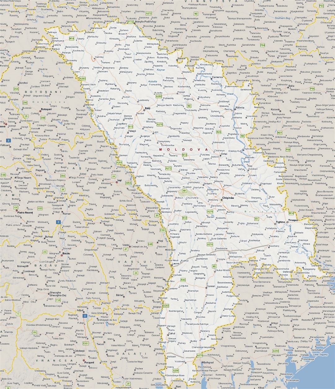 Grande mapa de Moldavia con pueblos y todas ciudades