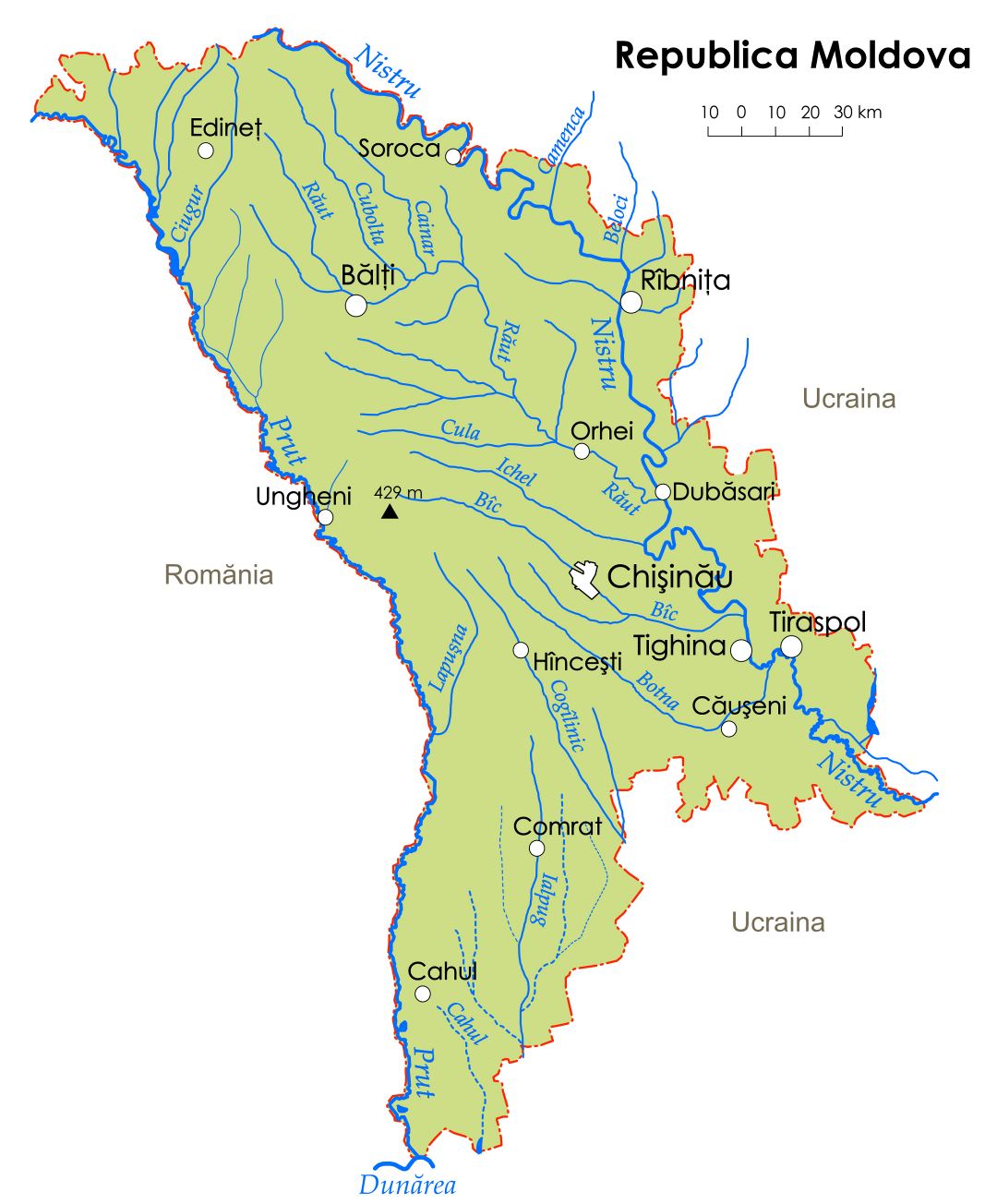 Grande ríos mapa de Moldavia con principales ciudades