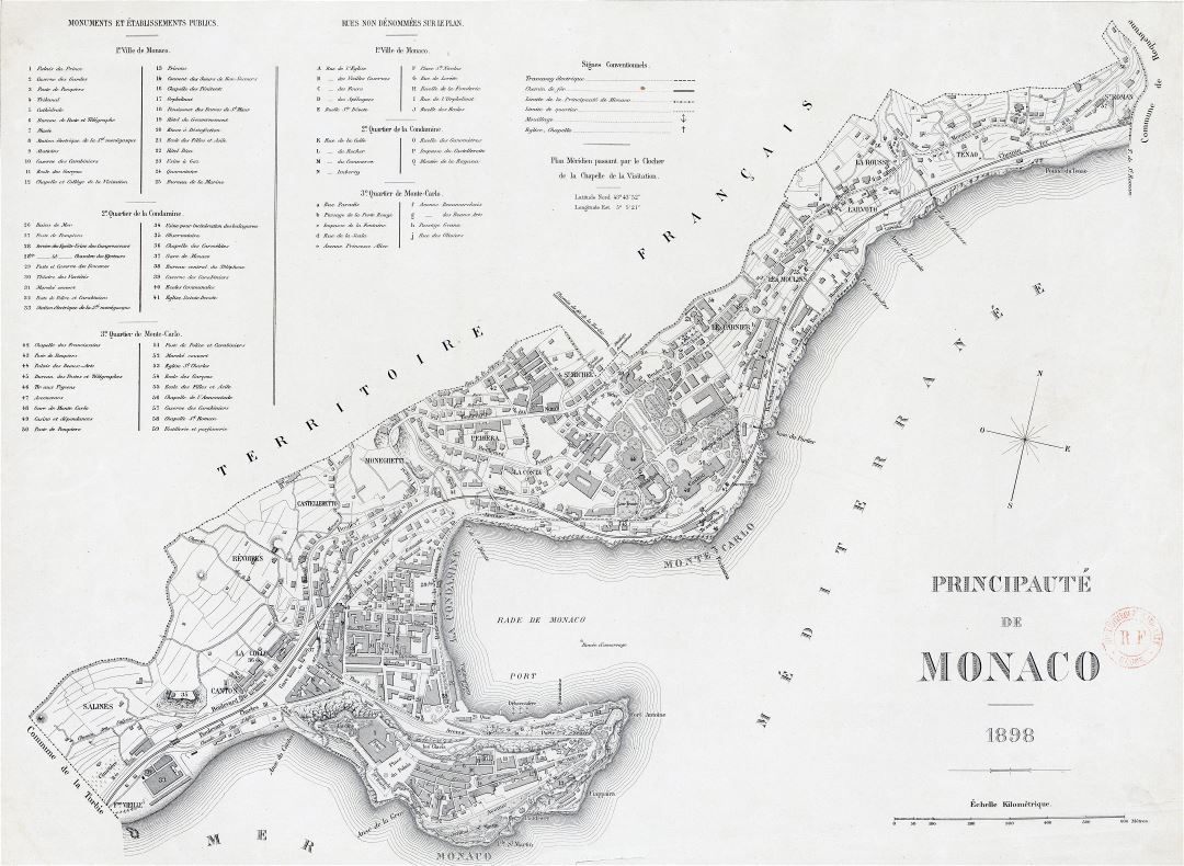 A gran escala detallado viejo mapa de Mónaco con edificios - 1898
