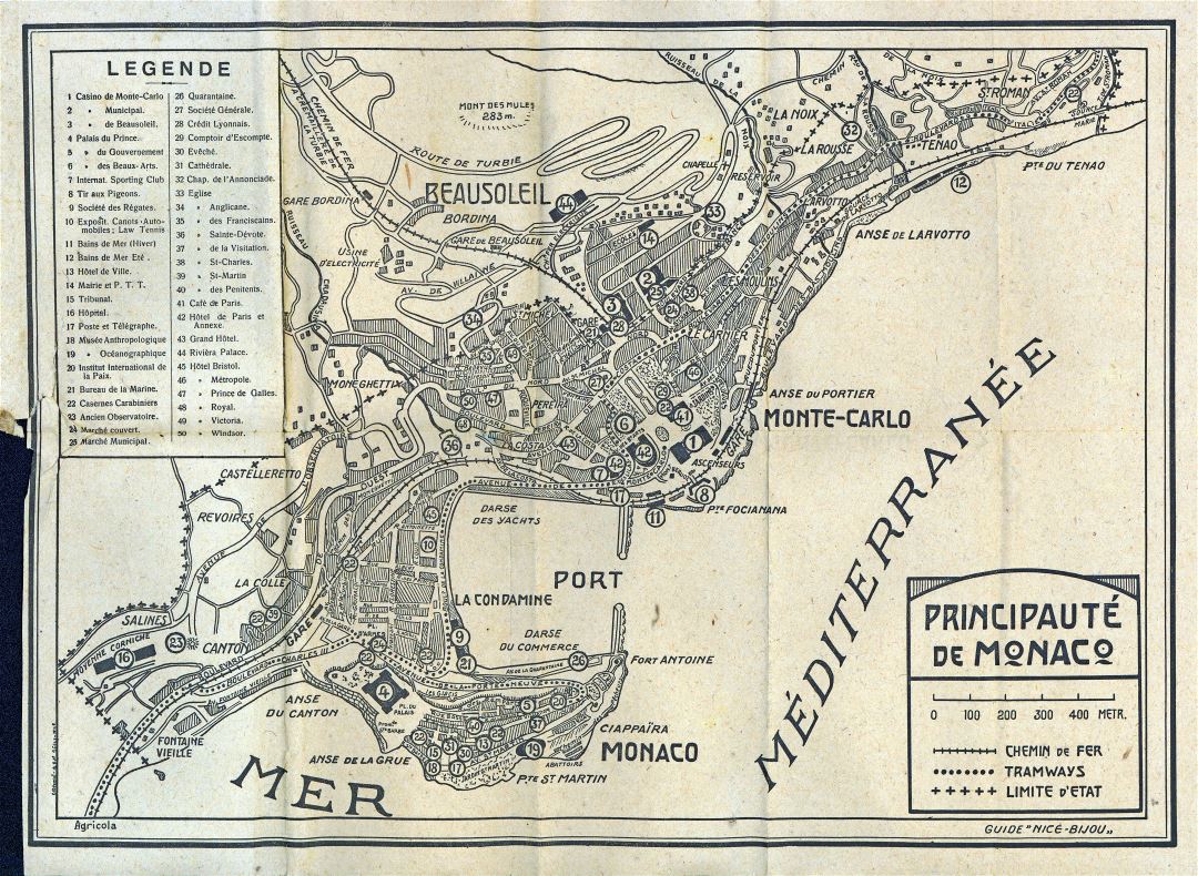 A gran escala detallado viejo mapa de Mónaco