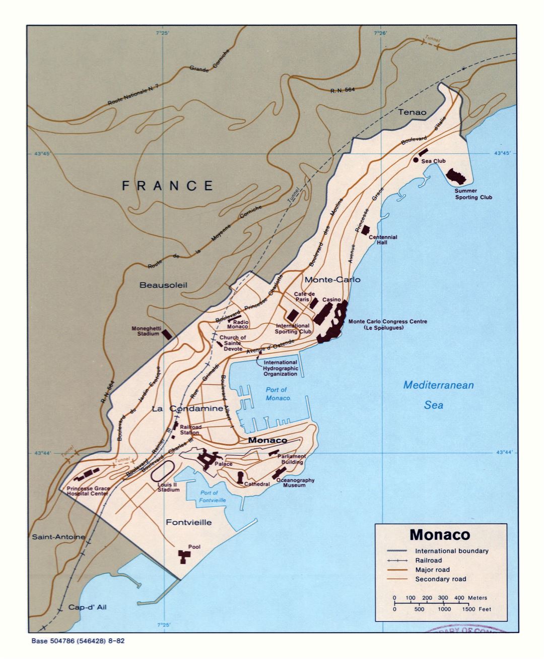 A gran escala mapa político de Mónaco con carreteras, ferrocarriles y edificios - 1982