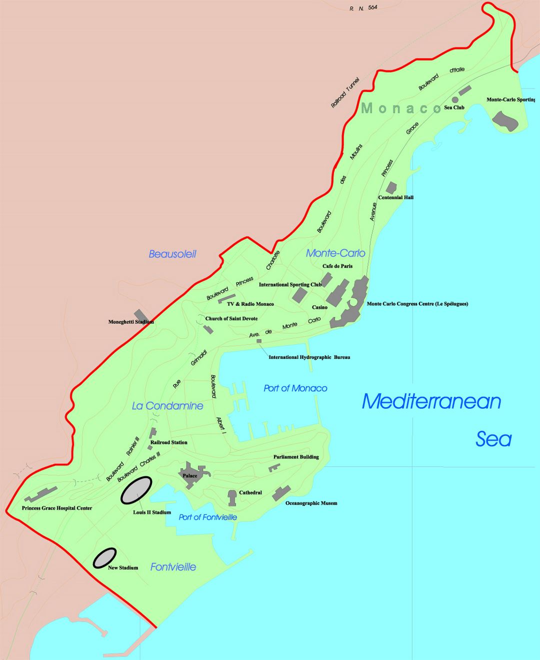 Detallado mapa de Mónaco con carreteras