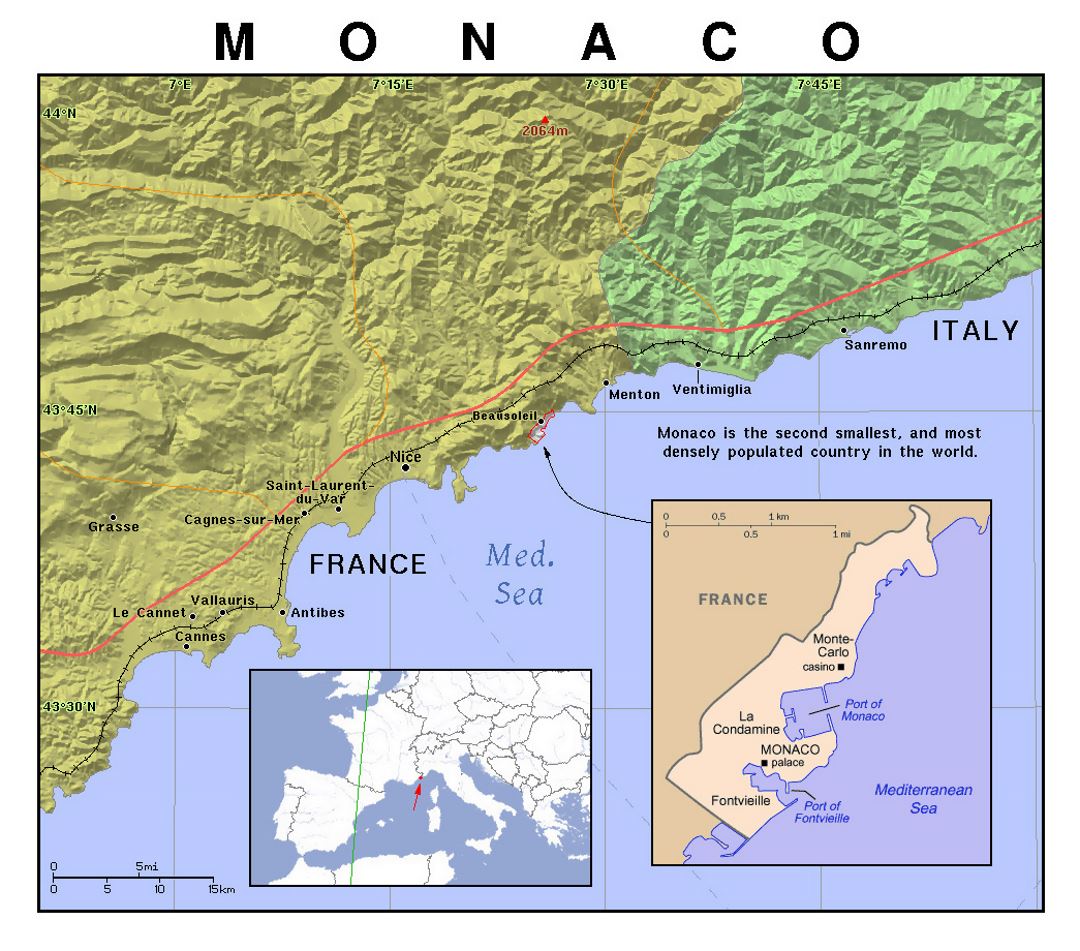 Detallado mapa político de Mónaco con alivio