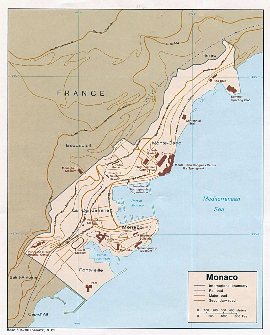 Detallado mapa político de Mónaco con carreteras y ferrocarriles - 1982