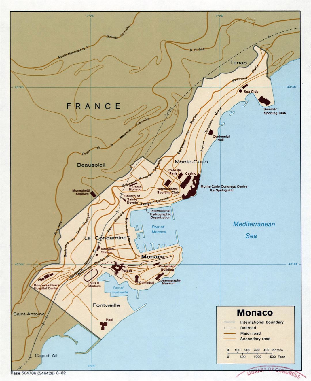 Grande detallado mapa política de Mónaco con carreteras y ferrocarriles - 1982