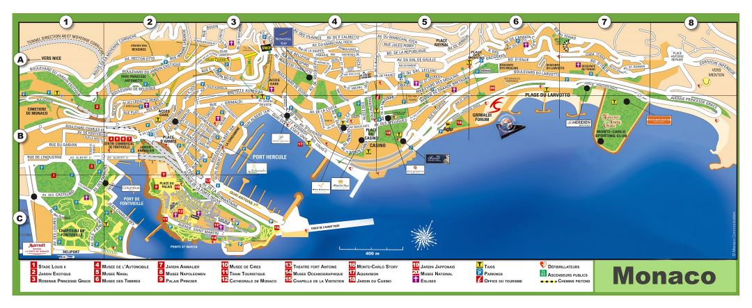 Grande detallado mapa turística de Mónaco con nombres de calles