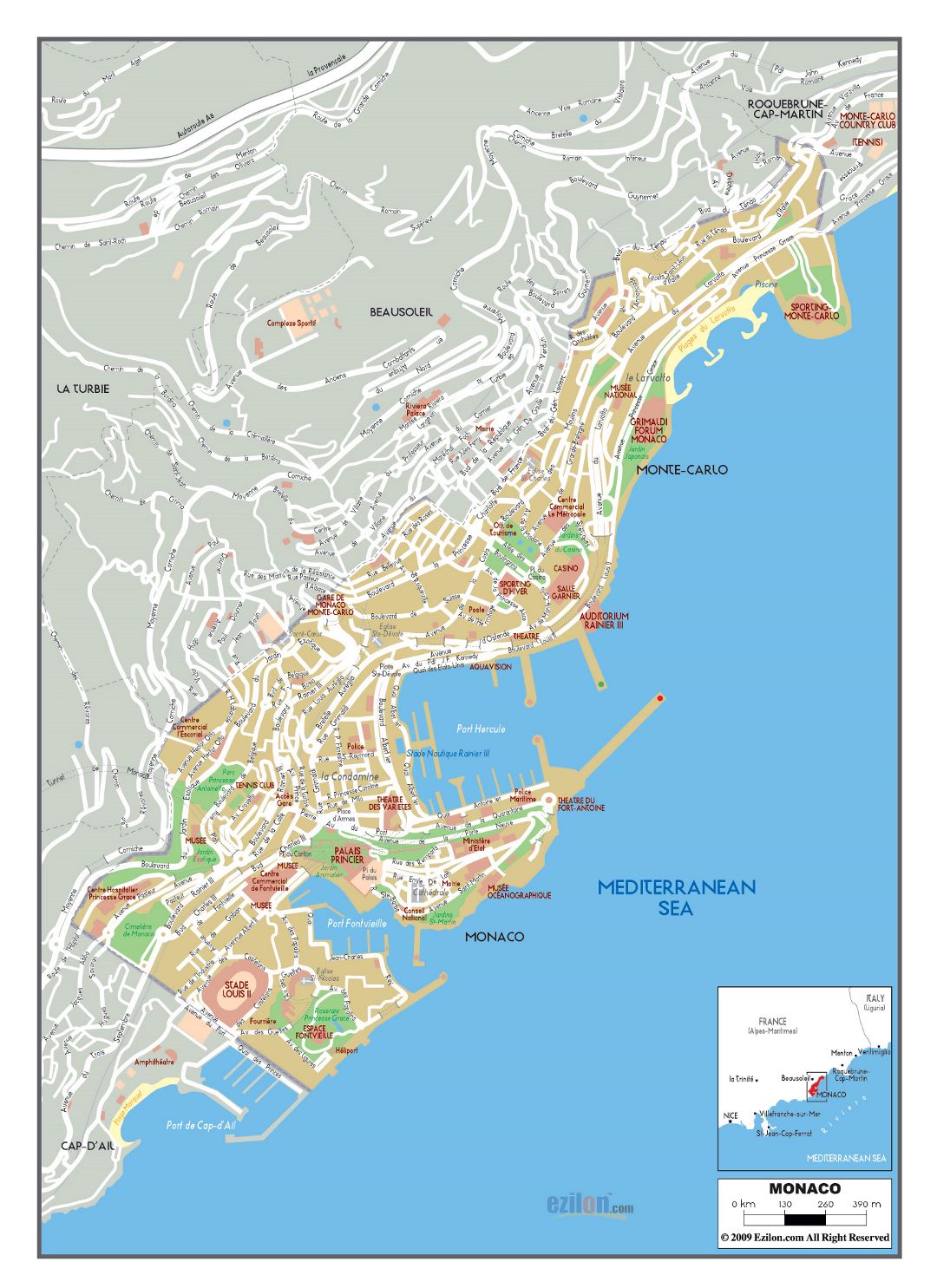 Grande hoja de ruta de Mónaco con nombres de calles