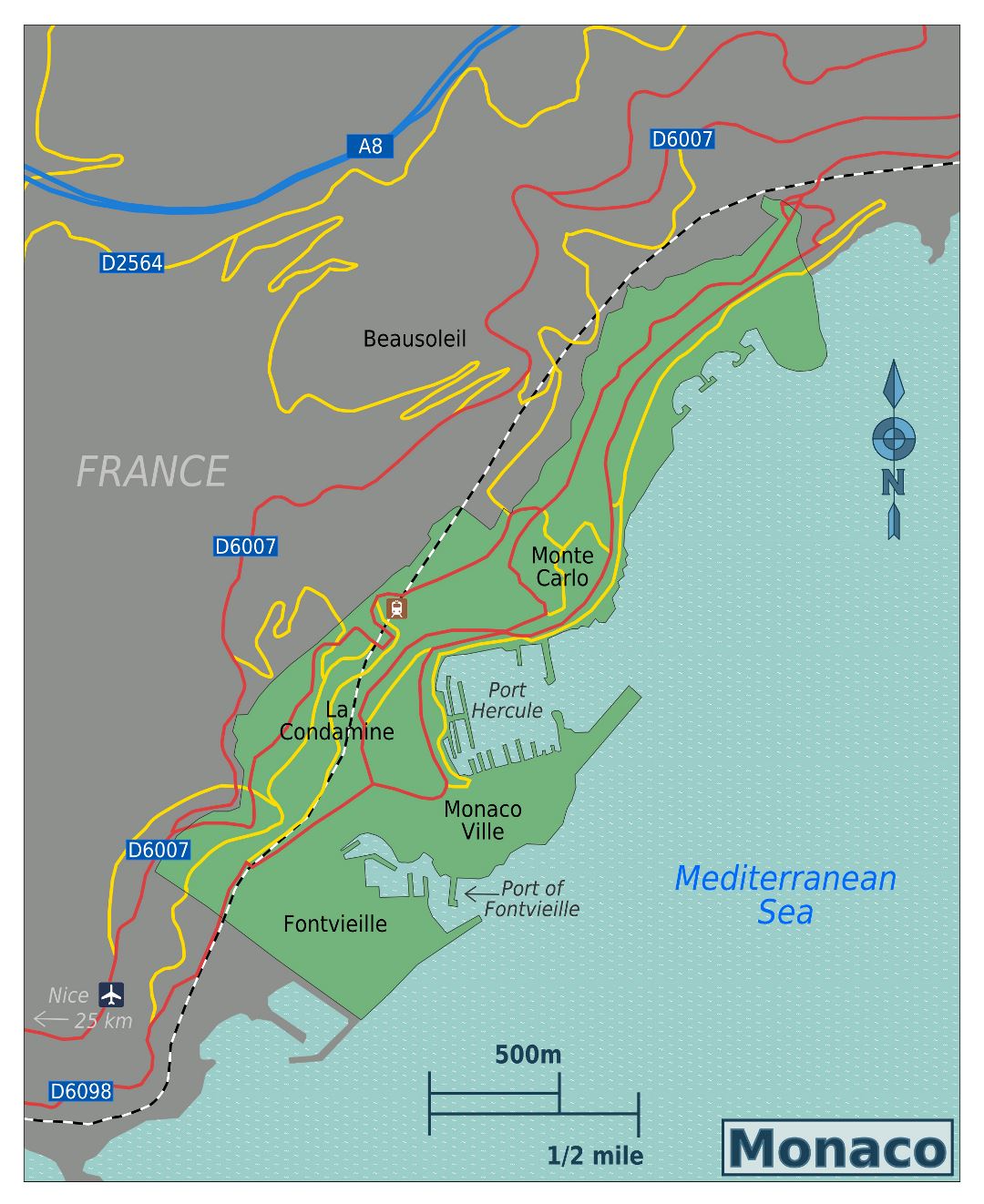 Grande mapa de Mónaco con carreteras
