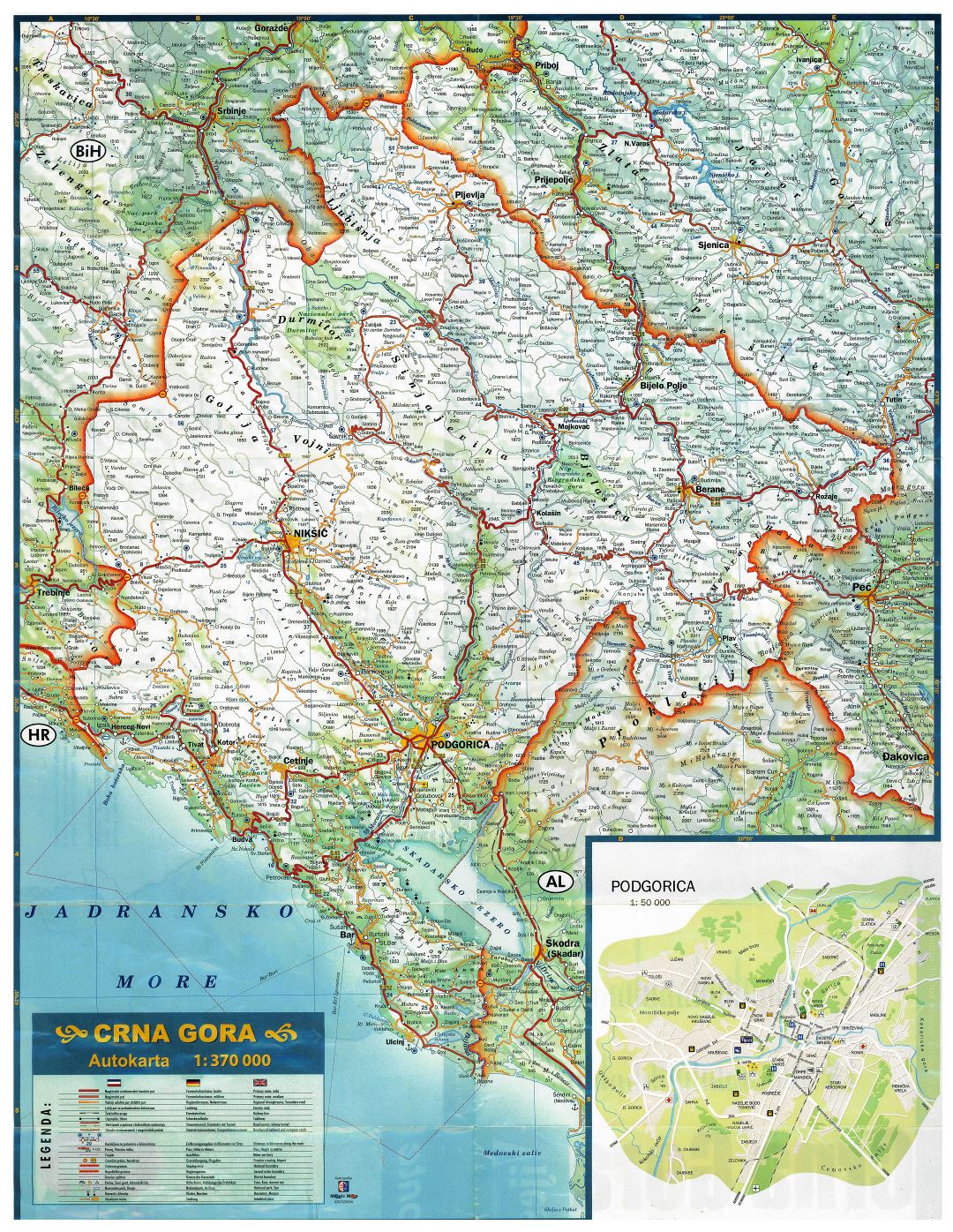 A gran escala hoja de ruta de Montenegro con todas ciudades, pueblos y otras marcas