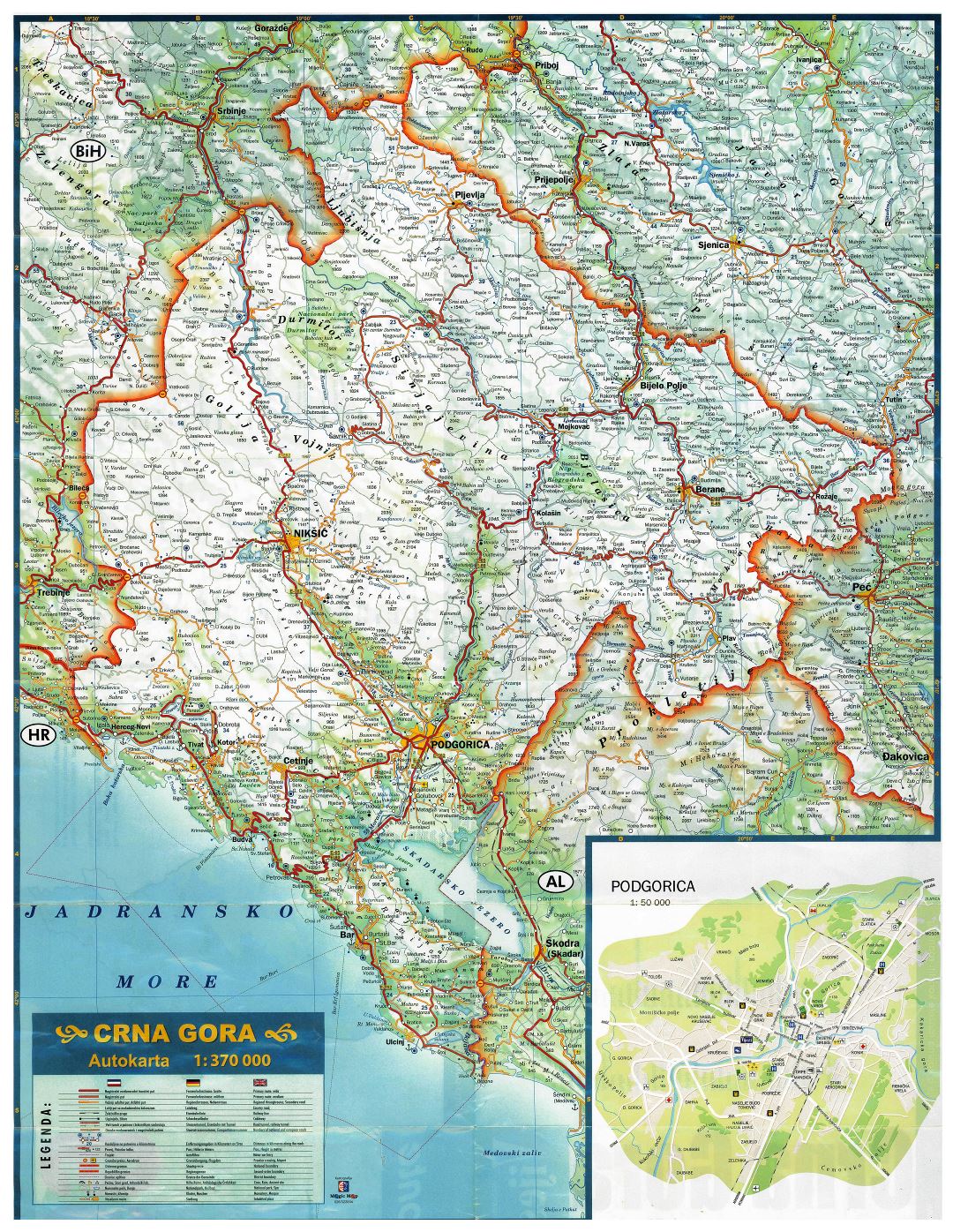 A gran escala hoja de ruta de Montenegro con todas ciudades, pueblos y otras marcas
