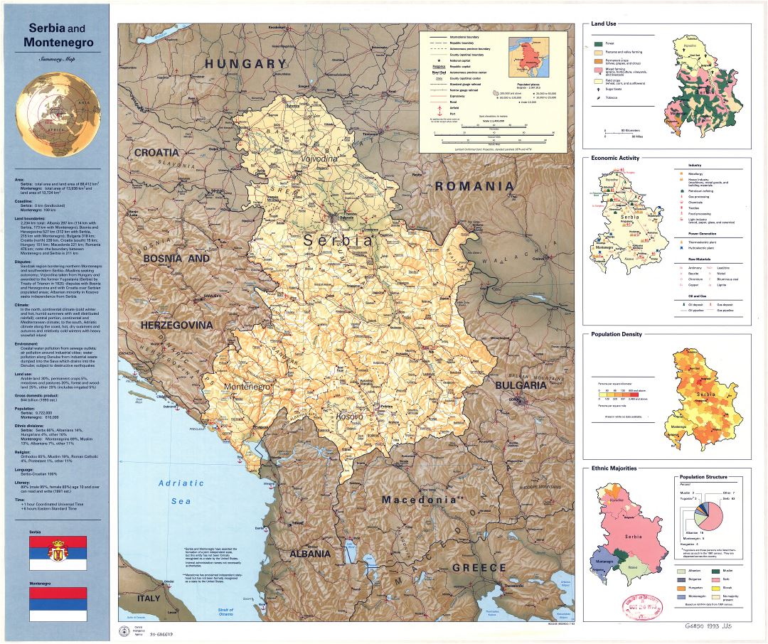 A gran escala resumen mapa de Serbia y Montenegro - 1993