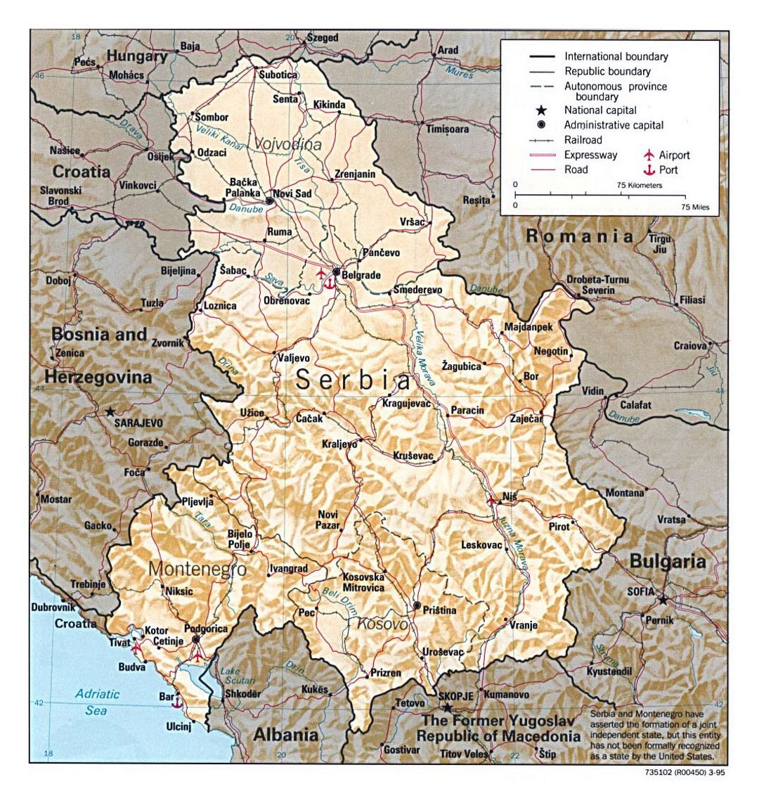 Detallado mapa político de Serbia y Montenegro con alivio - 1995