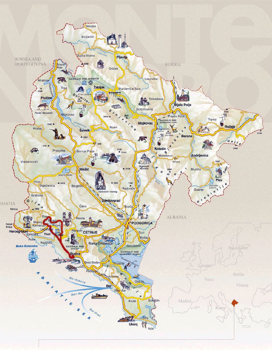 Detallado mapa turístico de Montenegro