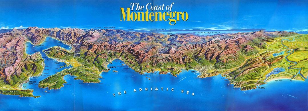 Grande detallado mapa panorámica de la costa de Montenegro