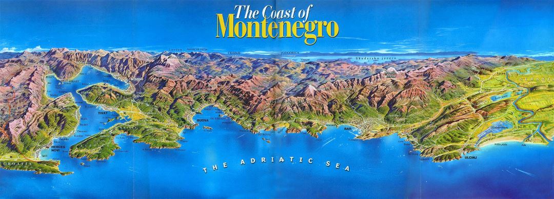 Grande detallado mapa panorámica de la costa de Montenegro