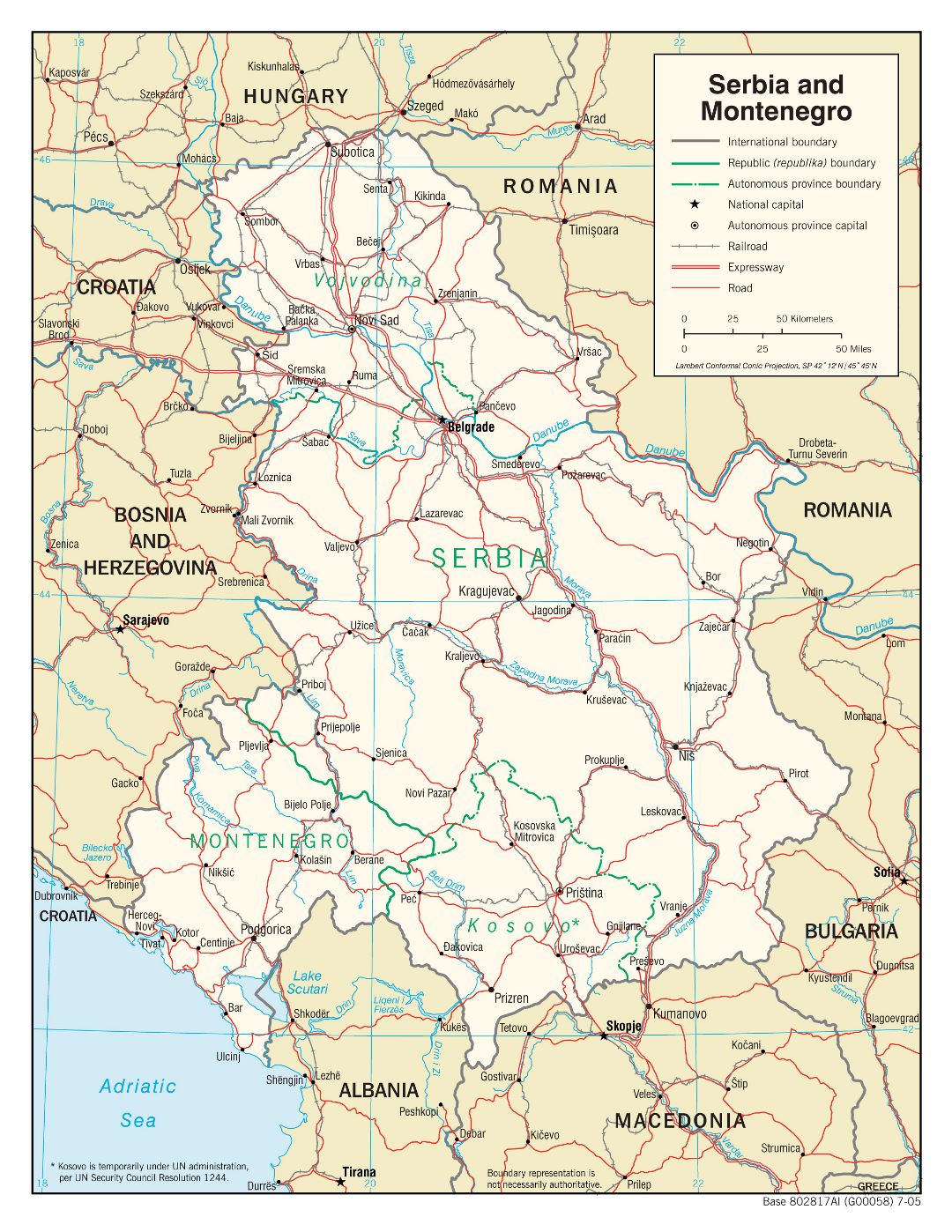 Grande detallado mapa política de Serbia y Montenegro con carreteras, ferrocarriles y principales ciudades - 2005