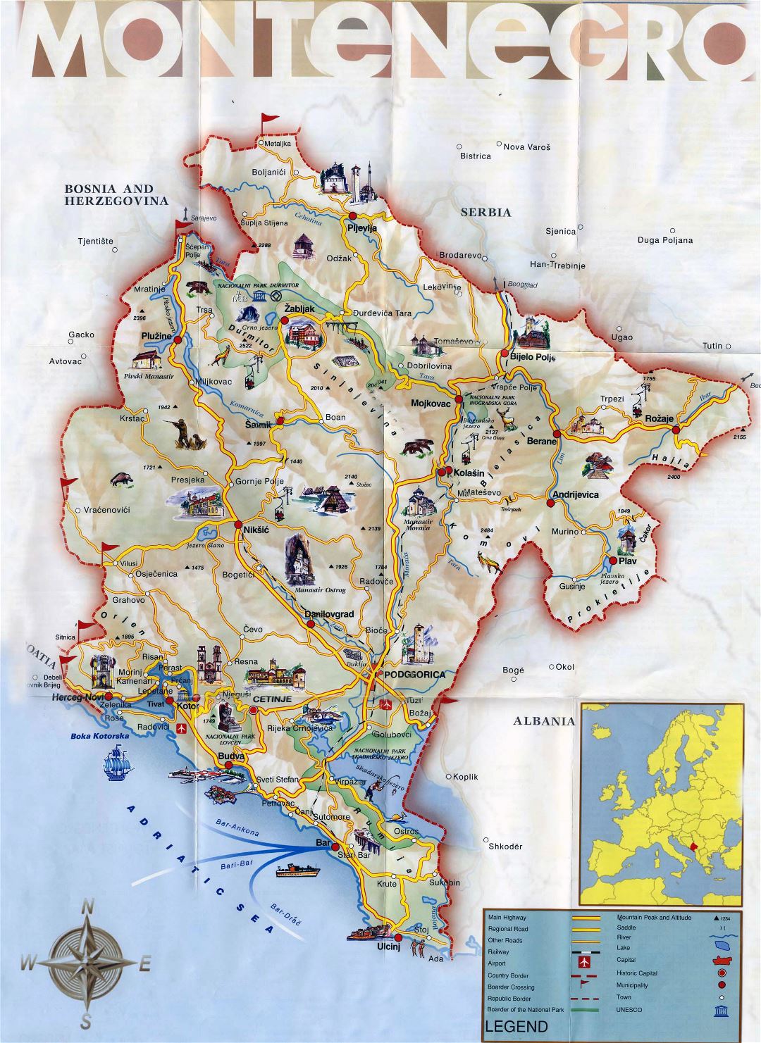 Grande detallado mapa turística de Montenegro con carreteras