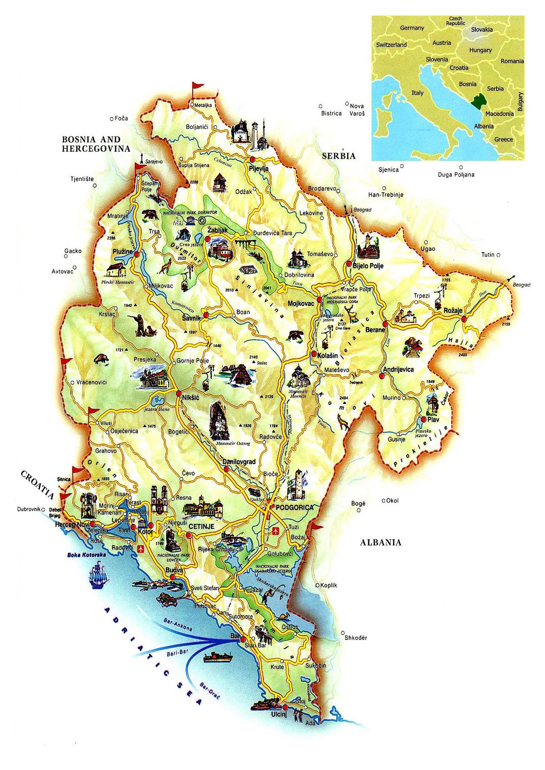 Grande detallado mapa turística de Montenegro