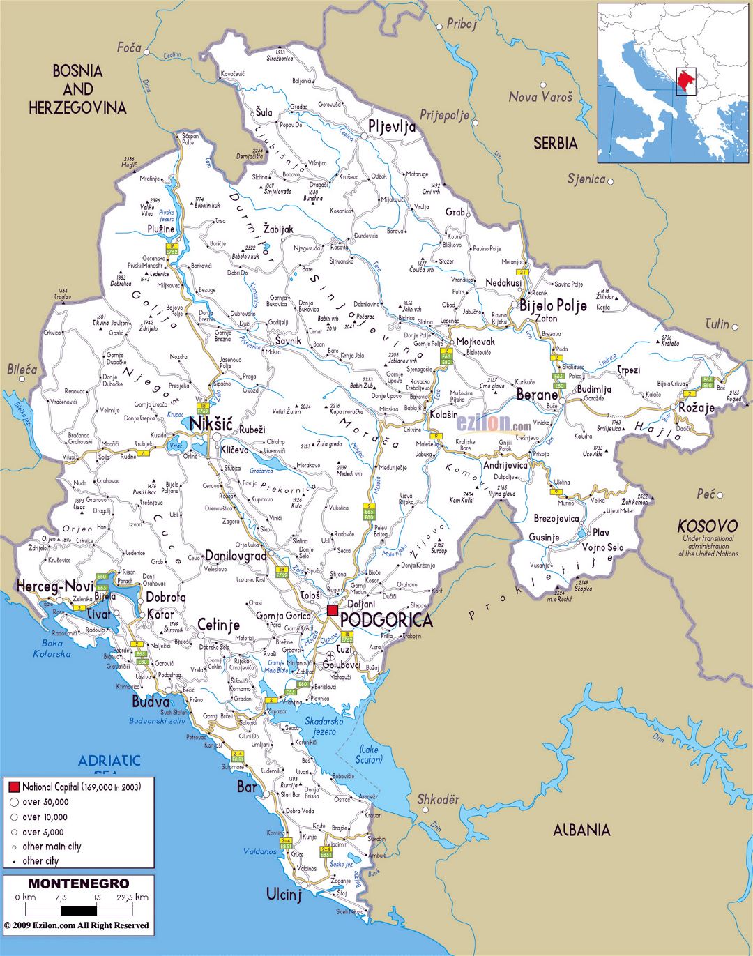 Grande hoja de ruta de Montenegro con ciudades y aeropuertos