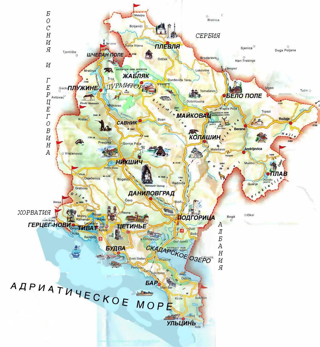 Grande mapa turístico de Montenegro con marcas ruso