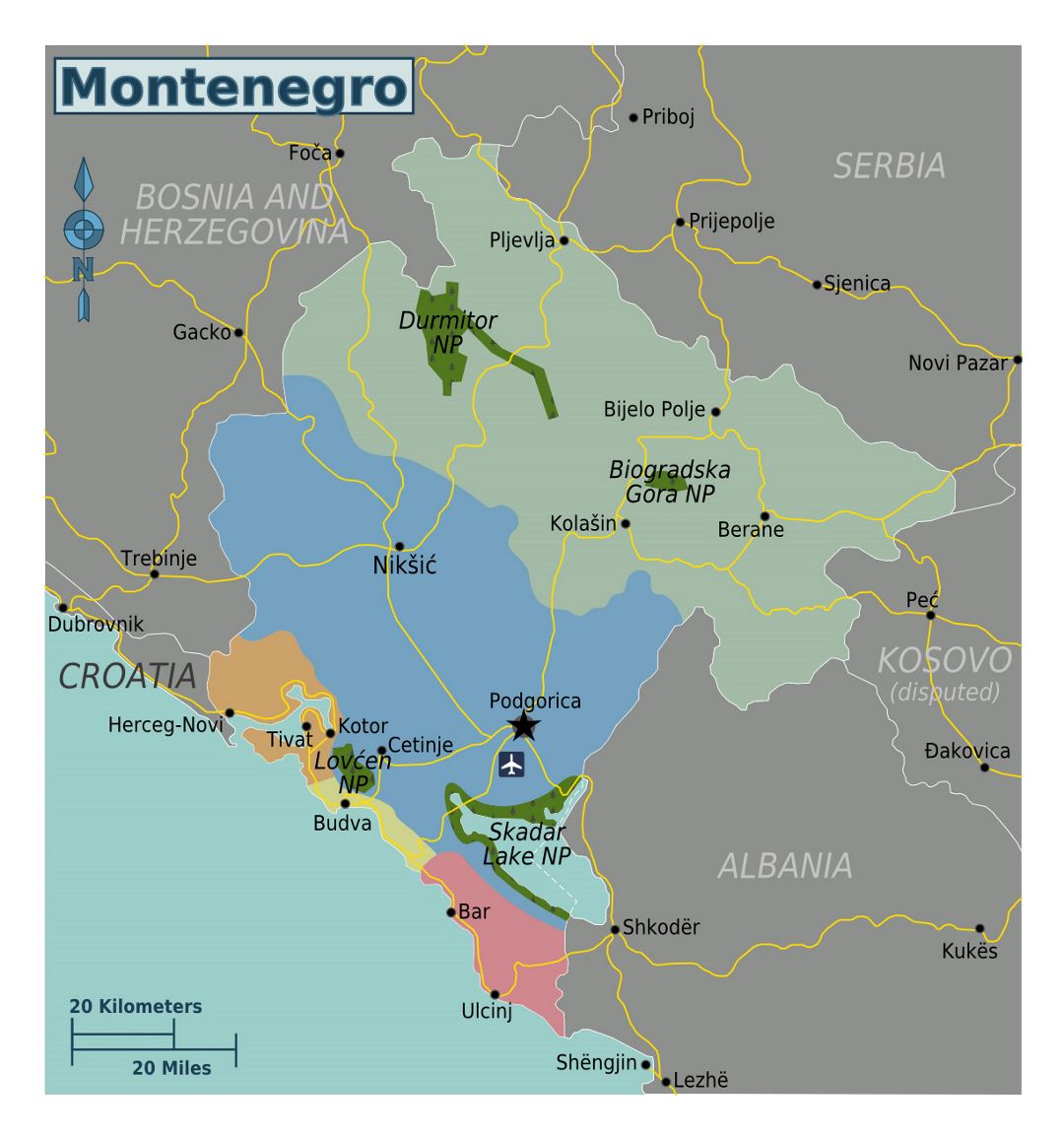 Grande regiones mapa de Montenegro