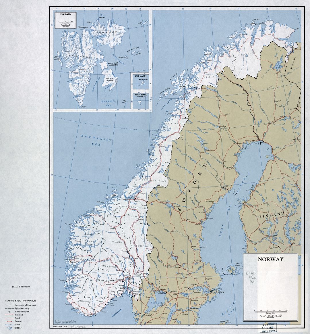 A gran escala mapa político y administrativo de Noruega con carreteras, ferrocarriles y principales ciudades - 1962