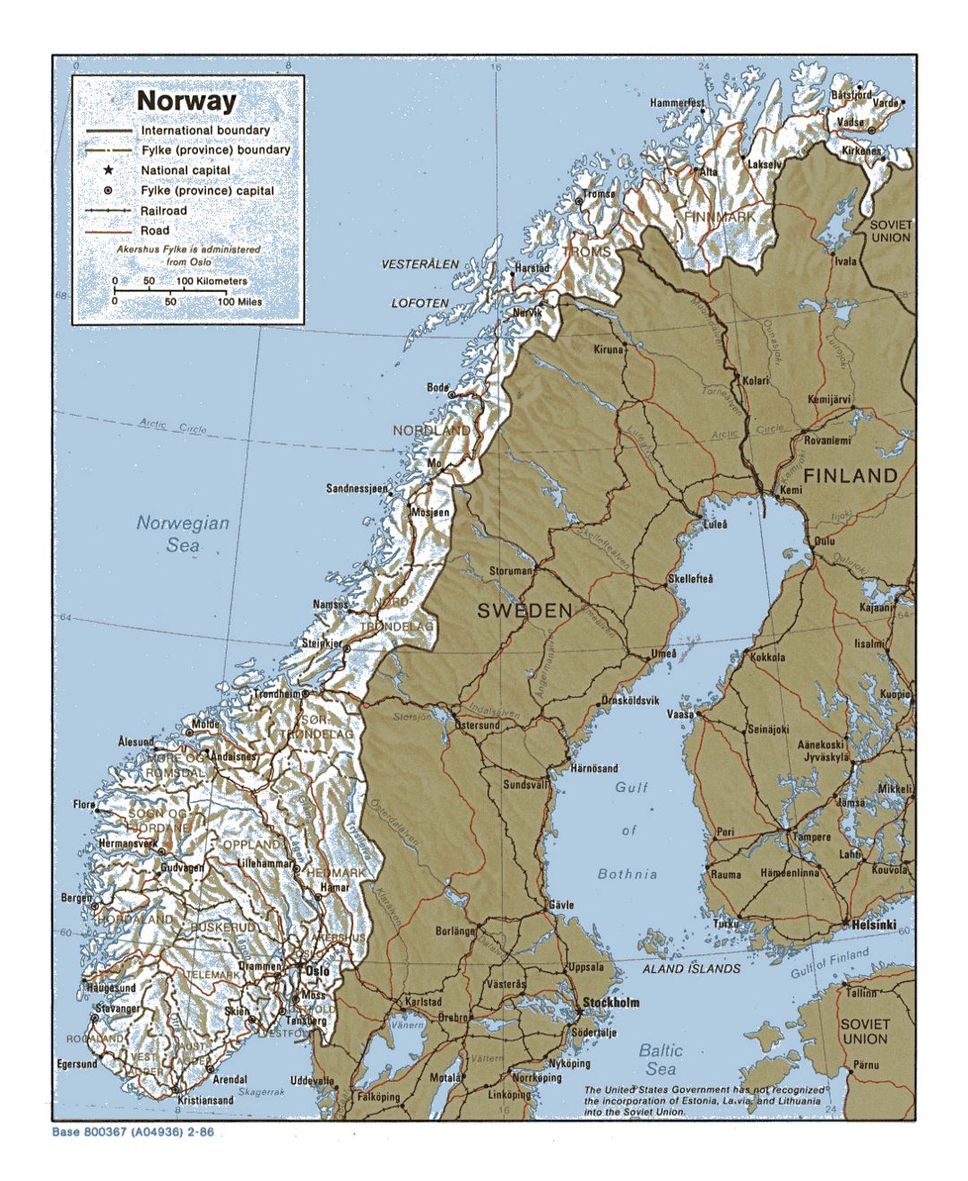 Detallado mapa político y administrativo de Noruega con alivio, carreteras y principales ciudades - 1986