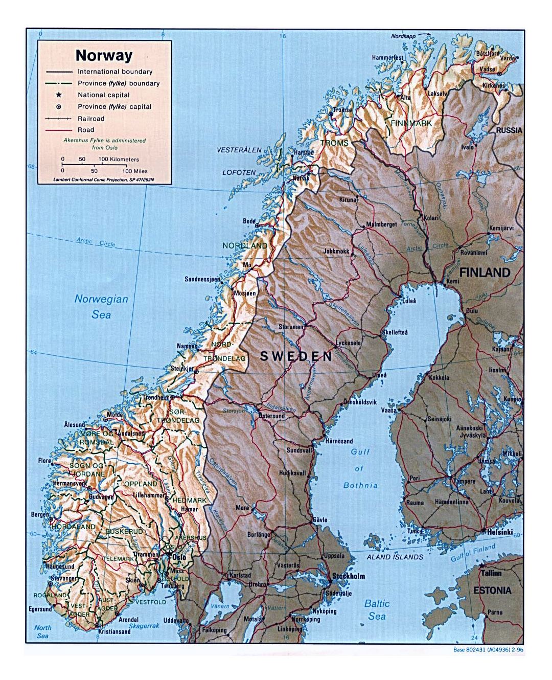 Detallado mapa político y administrativo de Noruega con alivio, carreteras y principales ciudades - 1996