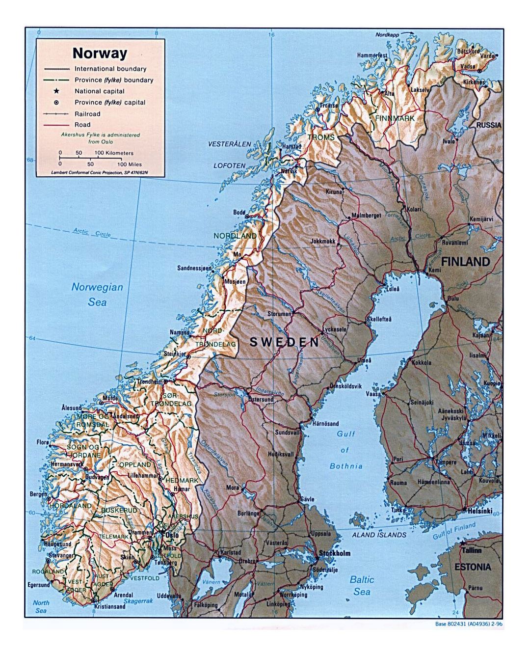 Detallado mapa político y administrativo de Noruega con alivio, carreteras y principales ciudades - 1996