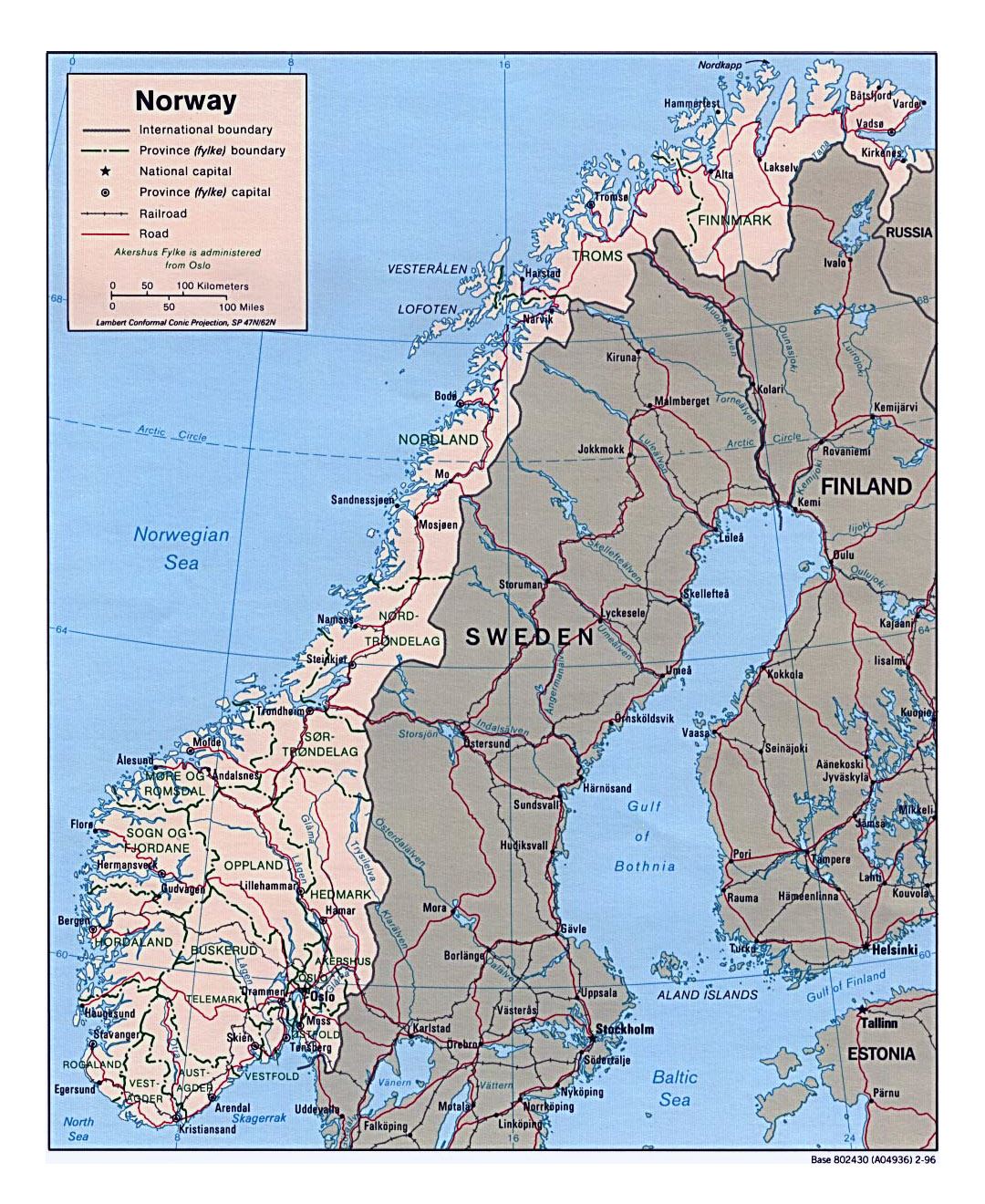 Detallado mapa político y administrativo de Noruega con carreteras y principales ciudades - 1996