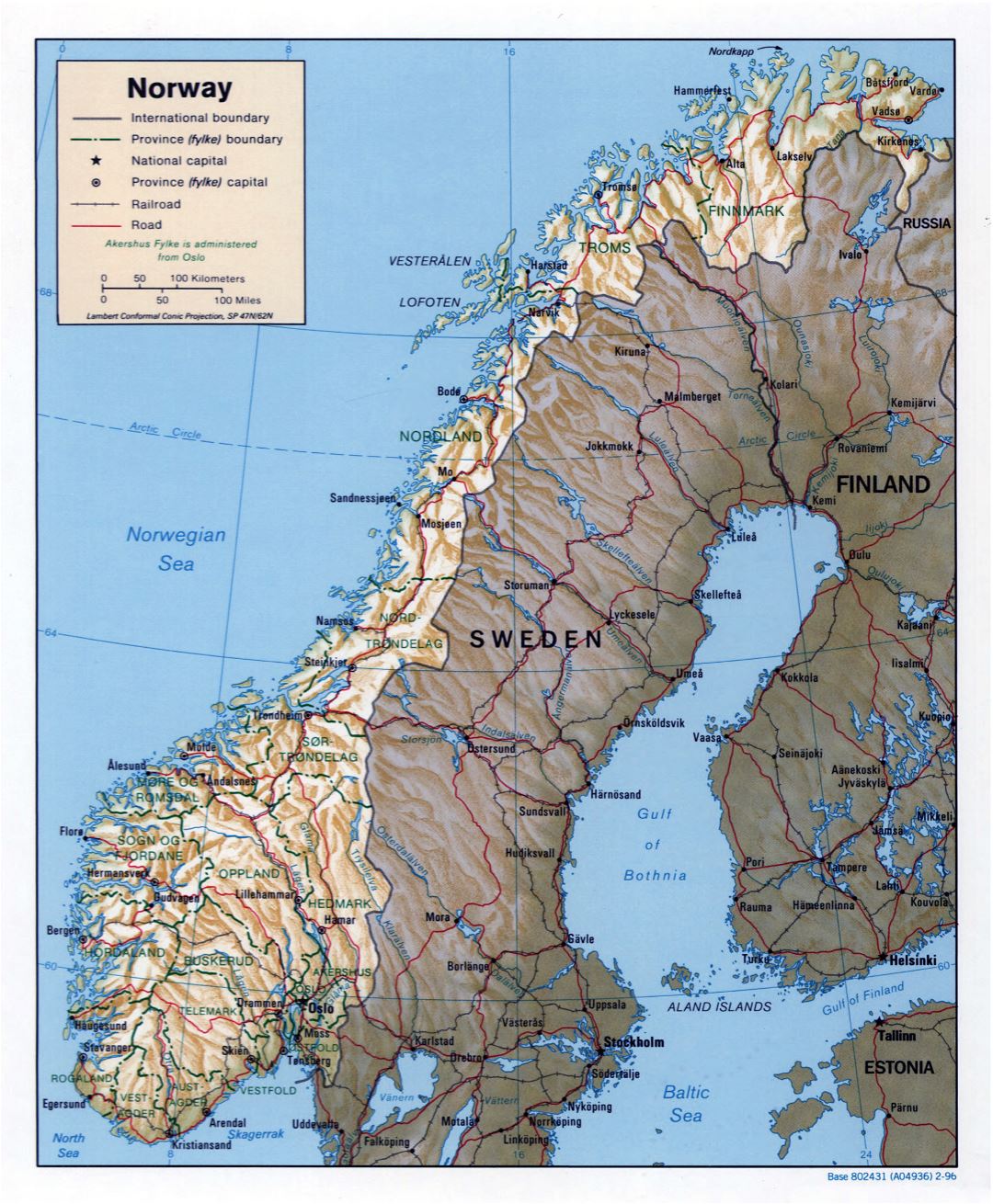 Grande detallado mapa política y administrativa de Noruega con alivio, carreteras y principales ciudades - 1996