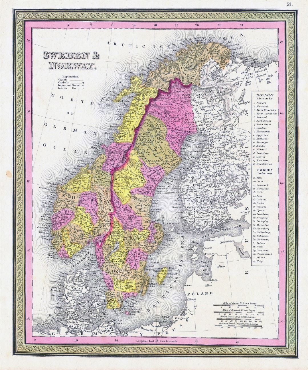 Grande detallado mapa político y administrativo antiguo de Suecia y Noruega - 1850