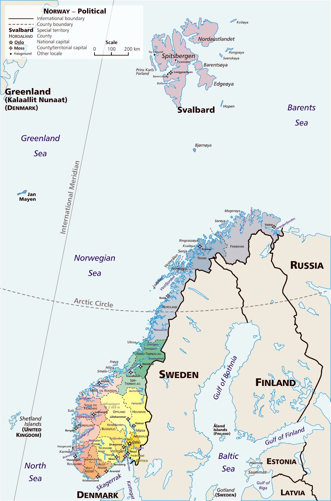 Grande detallado mapa político y administrativo de Noruega con principales ciudades