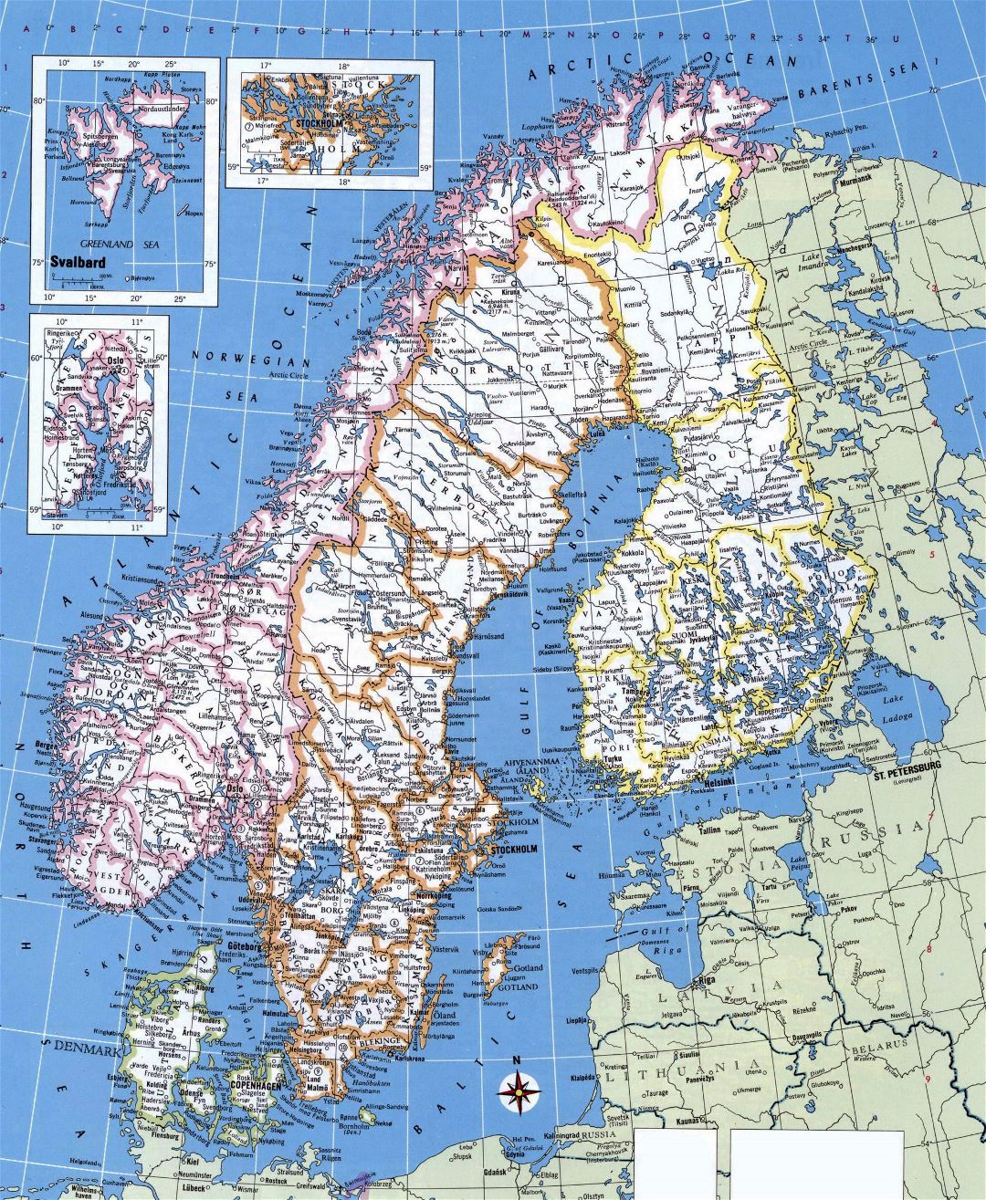 Grande detallado mapa político y administrativo de Noruega, Suecia, Finlandia y Dinamarca con principales ciudades