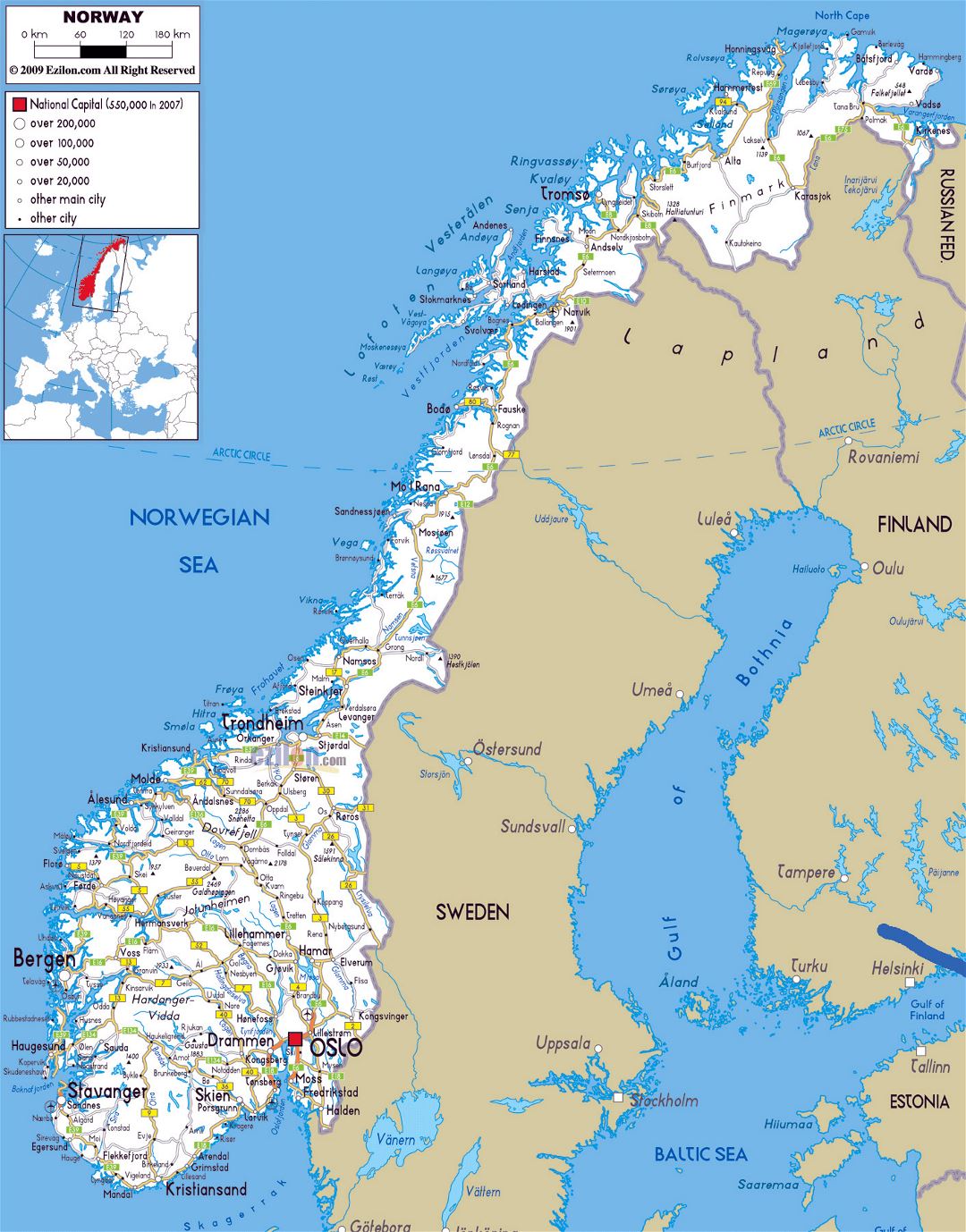 Grande hoja de ruta de Noruega con ciudades y aeropuertos
