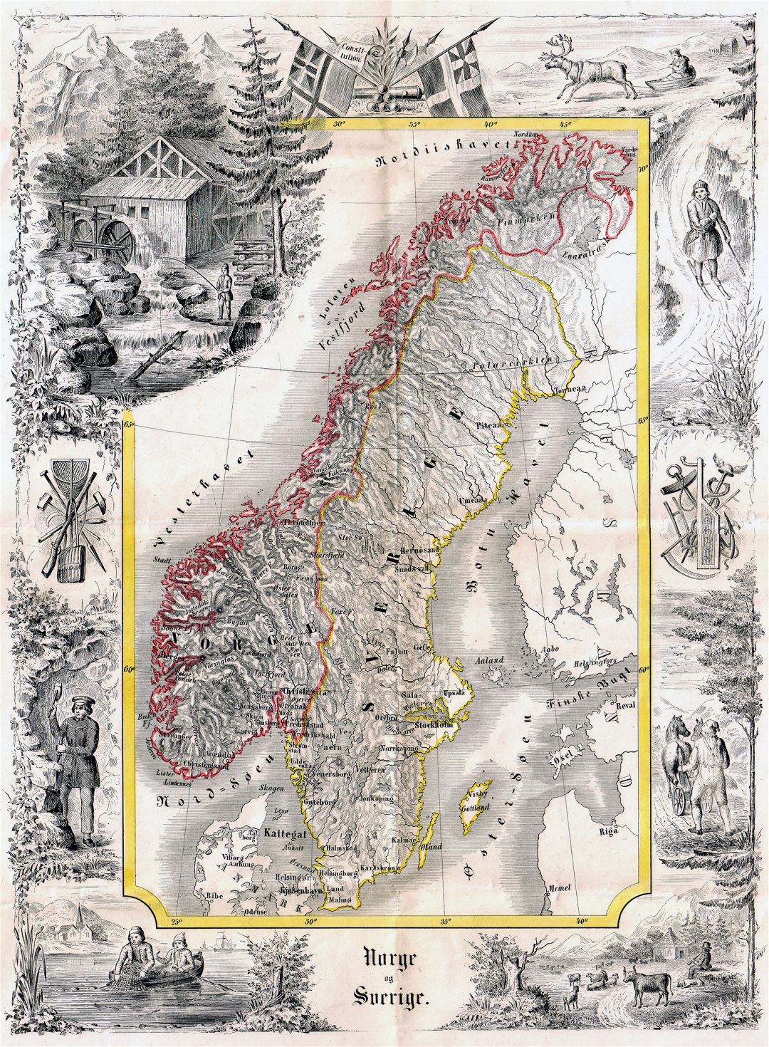 Grande mapa antiguo de Noruega y Suecia con alivio - 1847