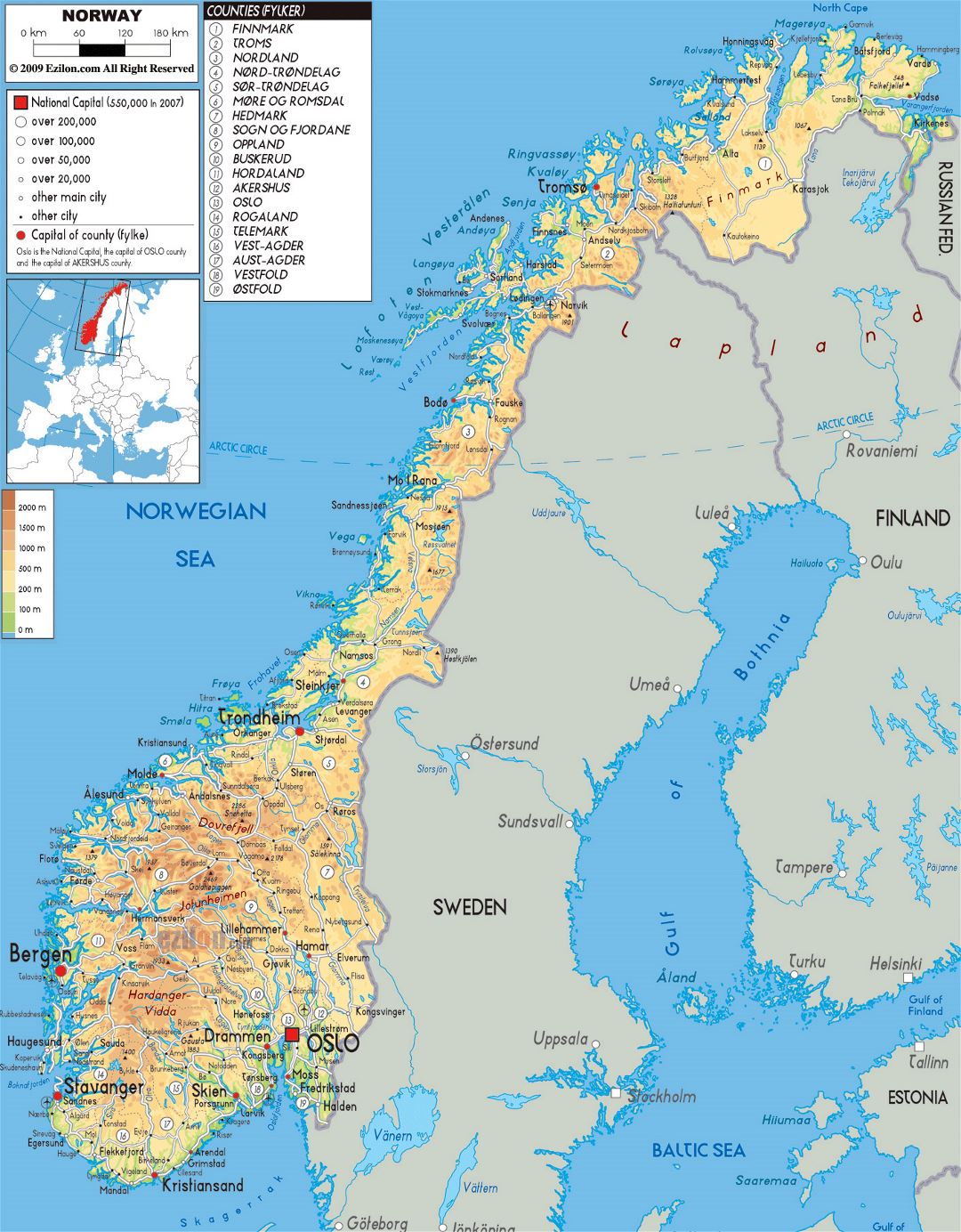 Grande mapa físico de Noruega con carreteras, ciudades y aeropuertos