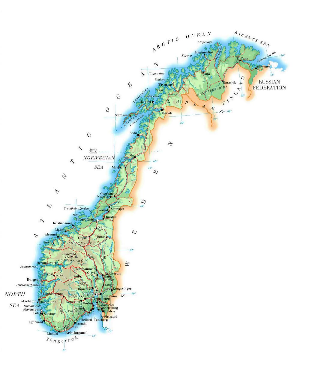 Mapa de elevación de Noruega con carreteras, principales ciudades y aeropuertos