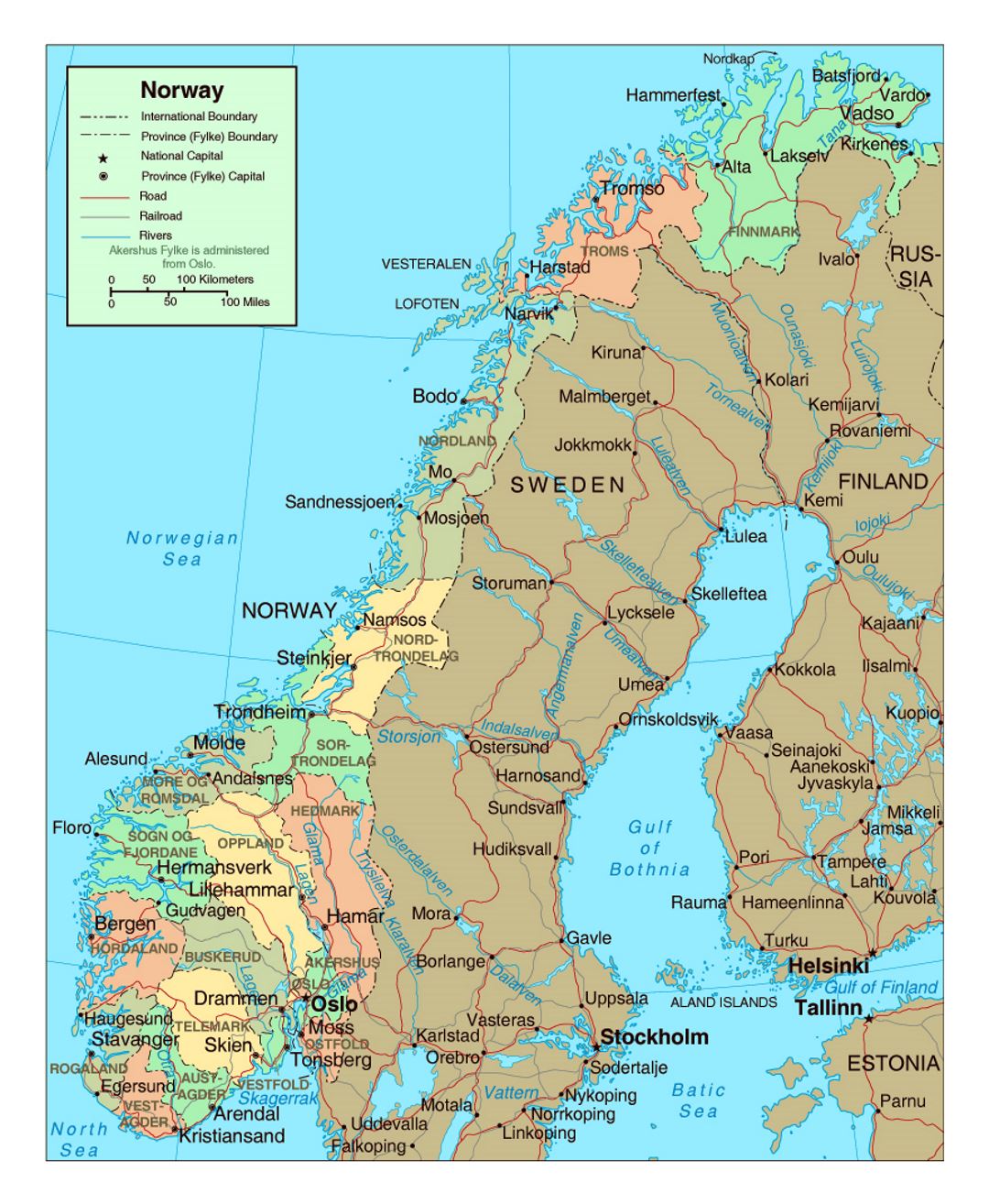 Mapa político y administrativo de Noruega con carreteras y ciudades principales