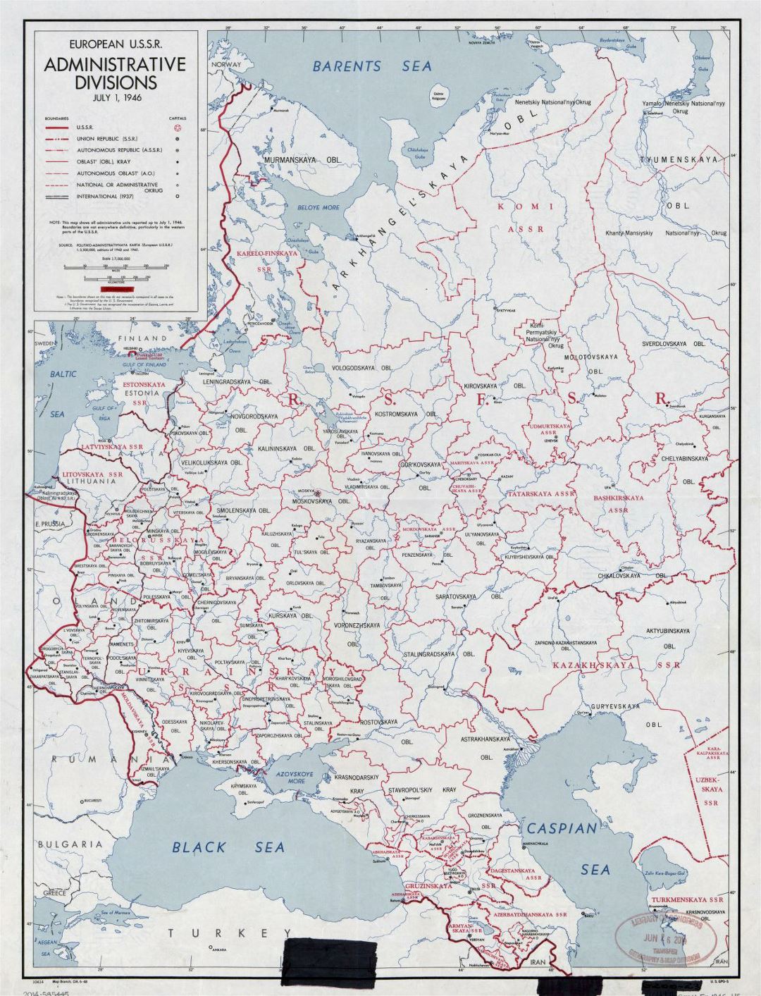 Detallada de edad divisiones administrativas mapa de U.R.S.S. Europea - 1946