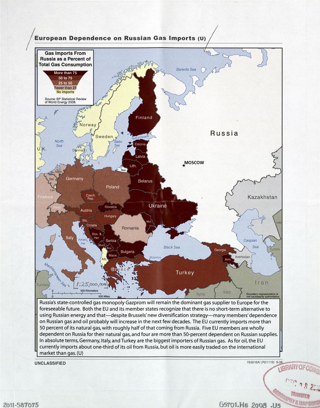 Gran dependencia Europea de Rusia mapa detallado sobre las importaciones de gas - 2008