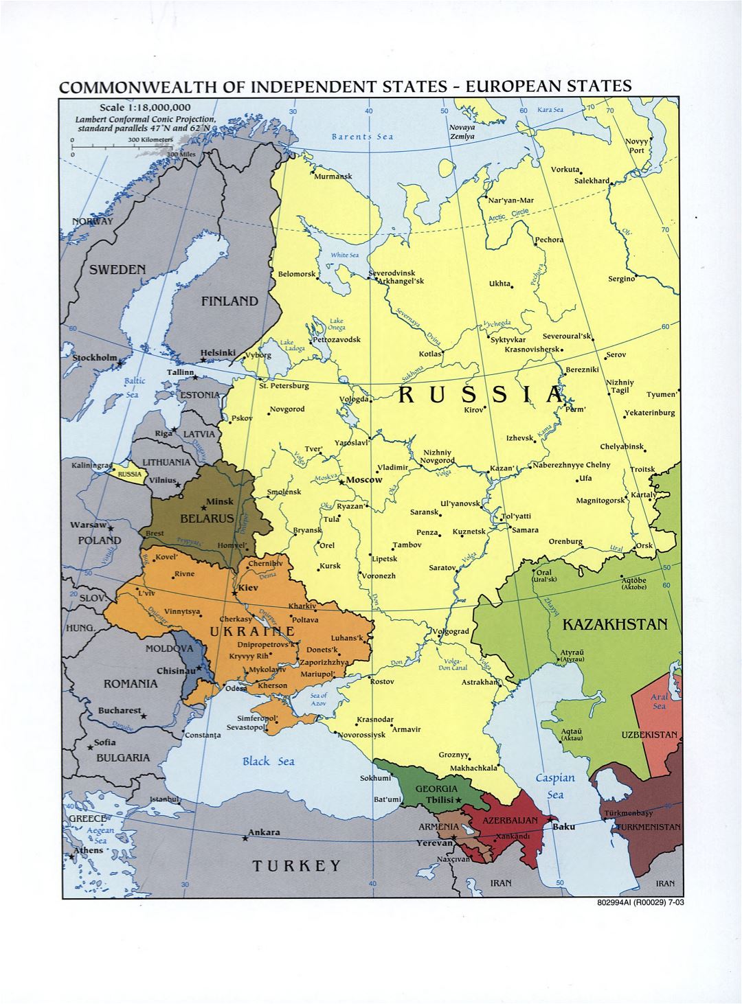 Gran detalle Comunidad de Estados Independientes mapa, los Estados europeos - 2003
