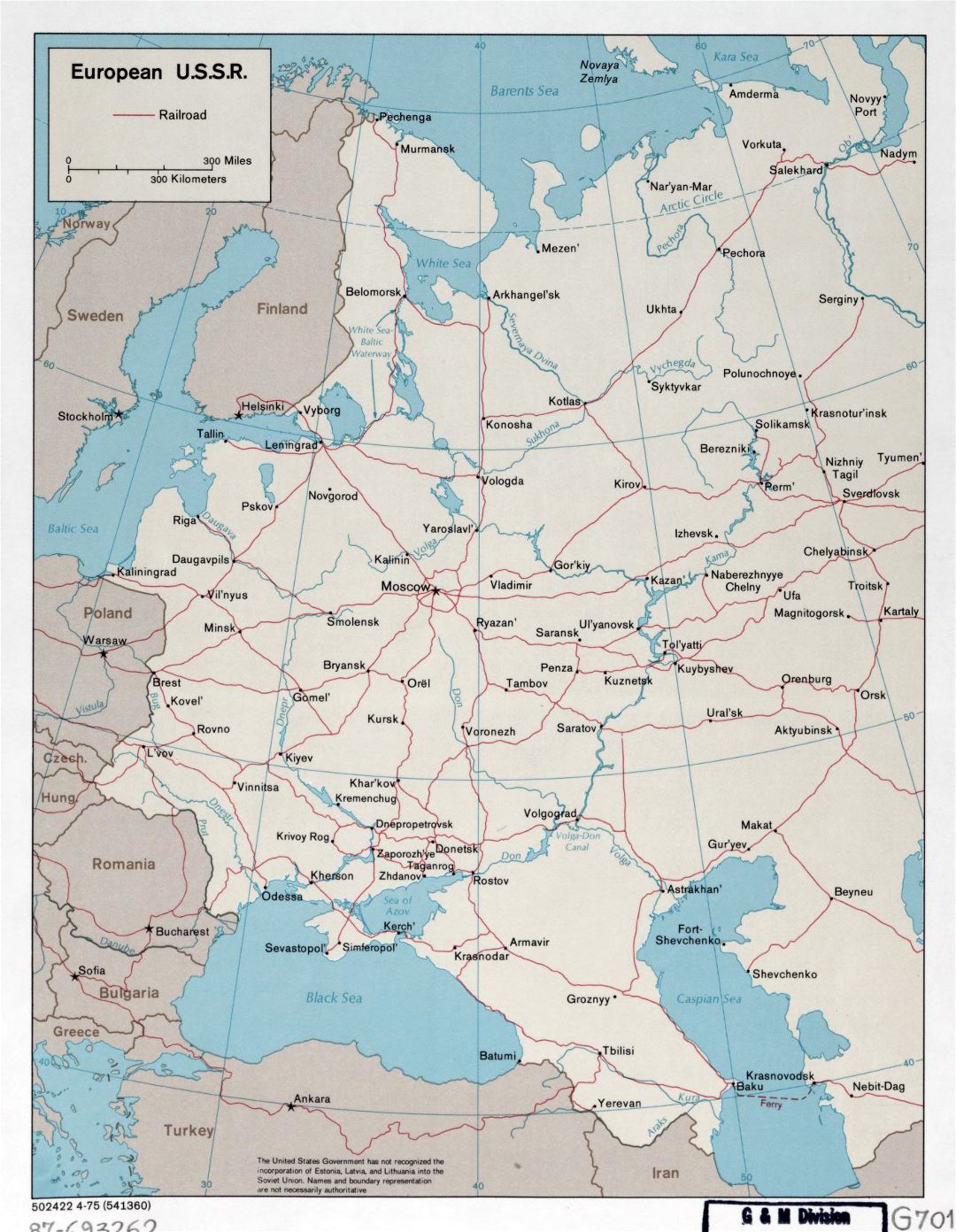 Gran mapa detallado de U.R.S.S. Europea con ferrocarriles - 1975
