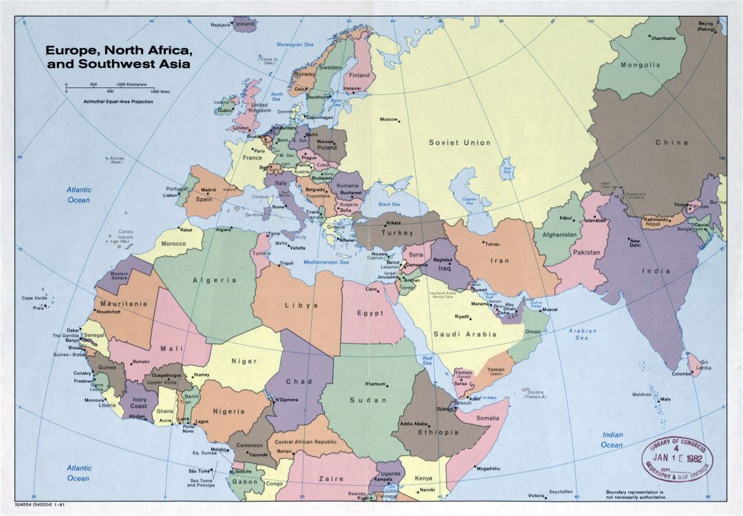 Mapa grande política detallado de Europa, norte de África y el suroeste de Asia - 1981