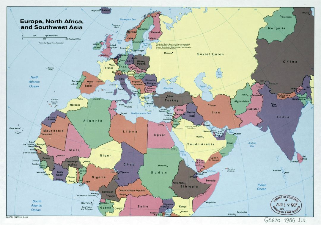 Mapa grande política detallado de Europa, norte de África y el suroeste de Asia - 1986