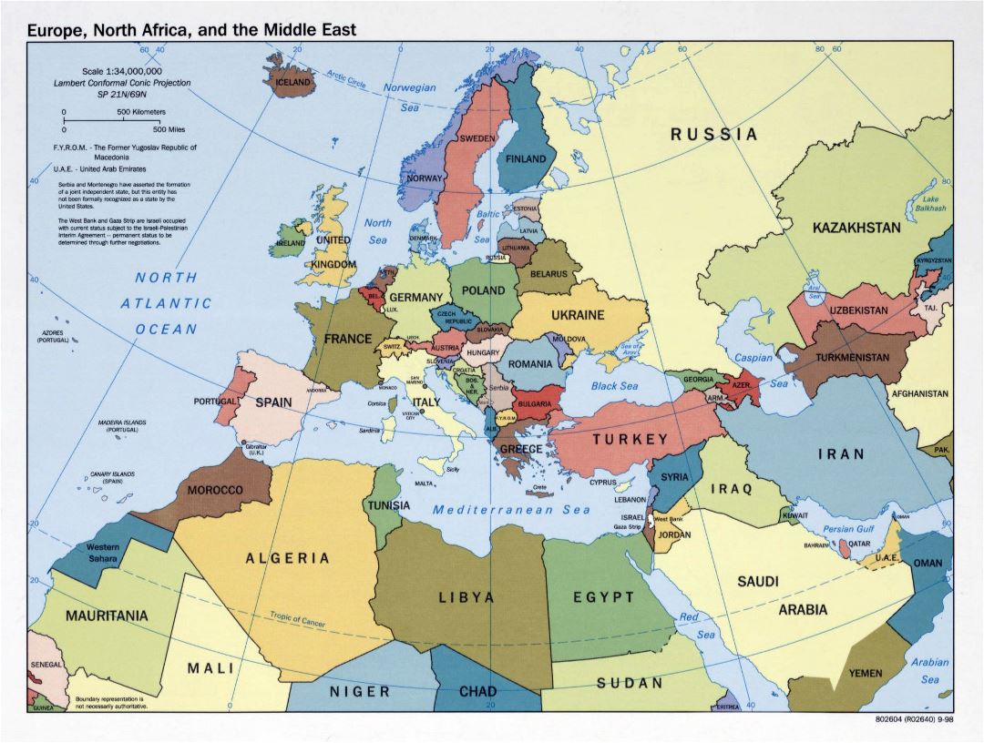 Mapa político grande de Europa, norte de África y Oriente Medio - 1998
