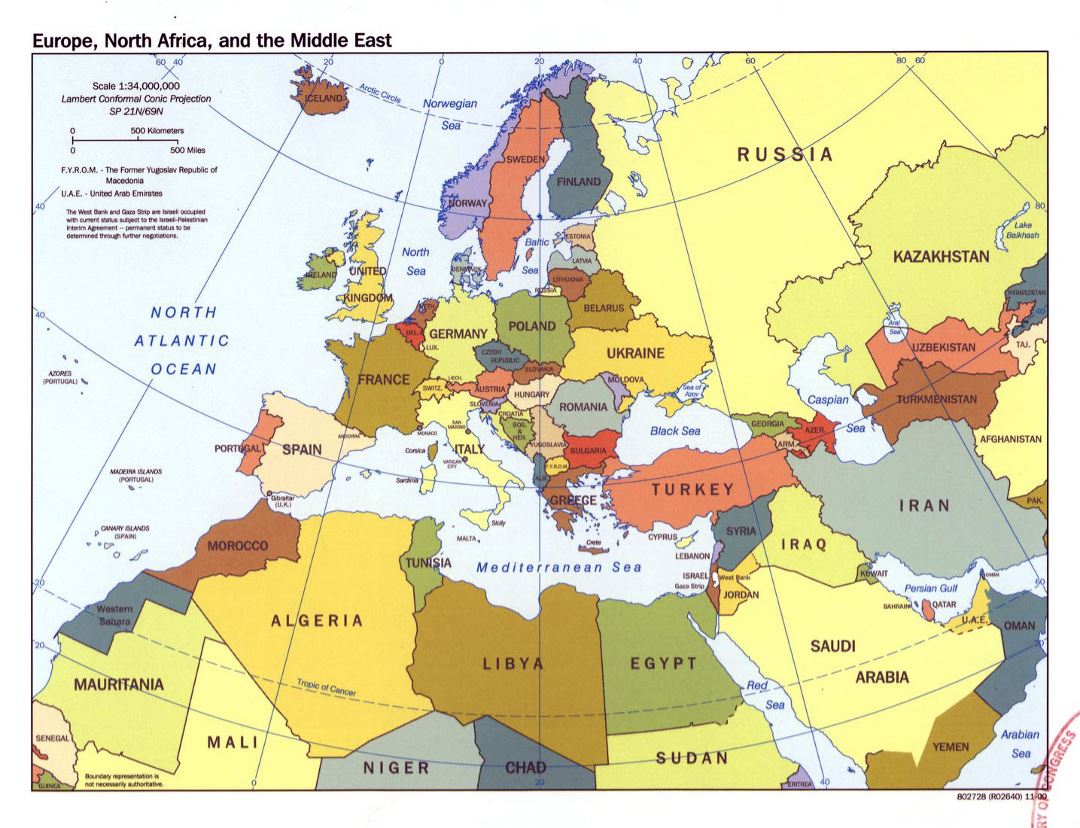 Mapa político grande de Europa, norte de África y Oriente Medio - 2000