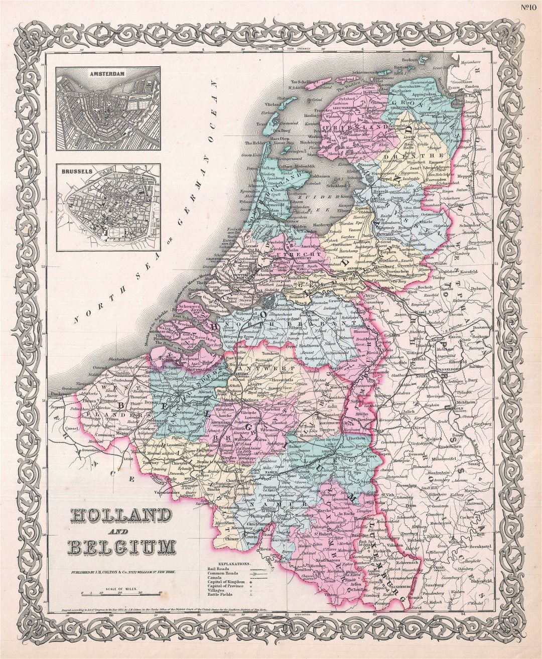 A gran escala mapa político y administrativo antigua de Holanda y Bélgica con ciudades - 1855