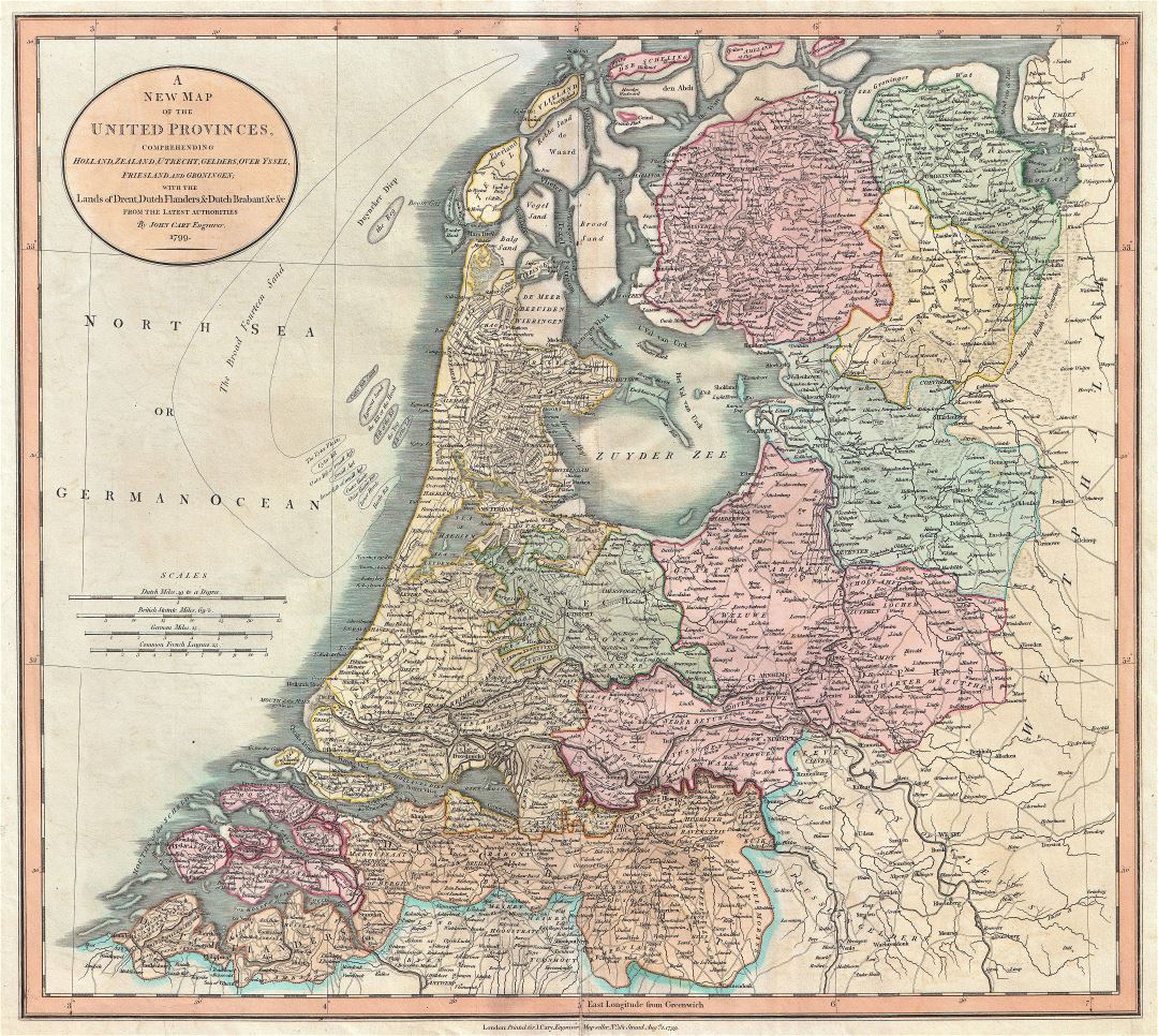 A gran escala mapa político y administrativo antiguo de Holanda con ciudades - 1799