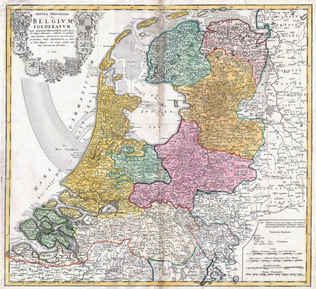 A gran escala viejo mapa de Países Bajos (Holanda) - 1748